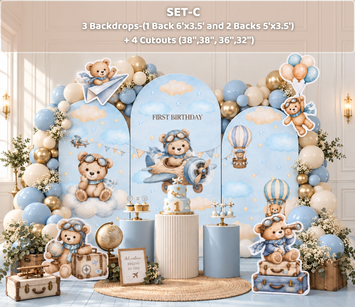 Aviator Bear First Birthday Backdrop & Cutouts | Baby Boy Party Decor