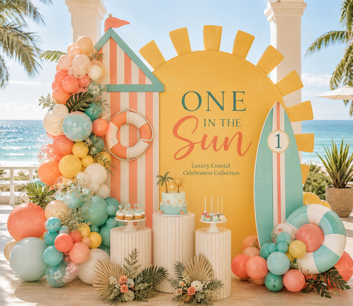 Personalized first birthday sun backdrop with pastel tropical balloons and summer party decorations