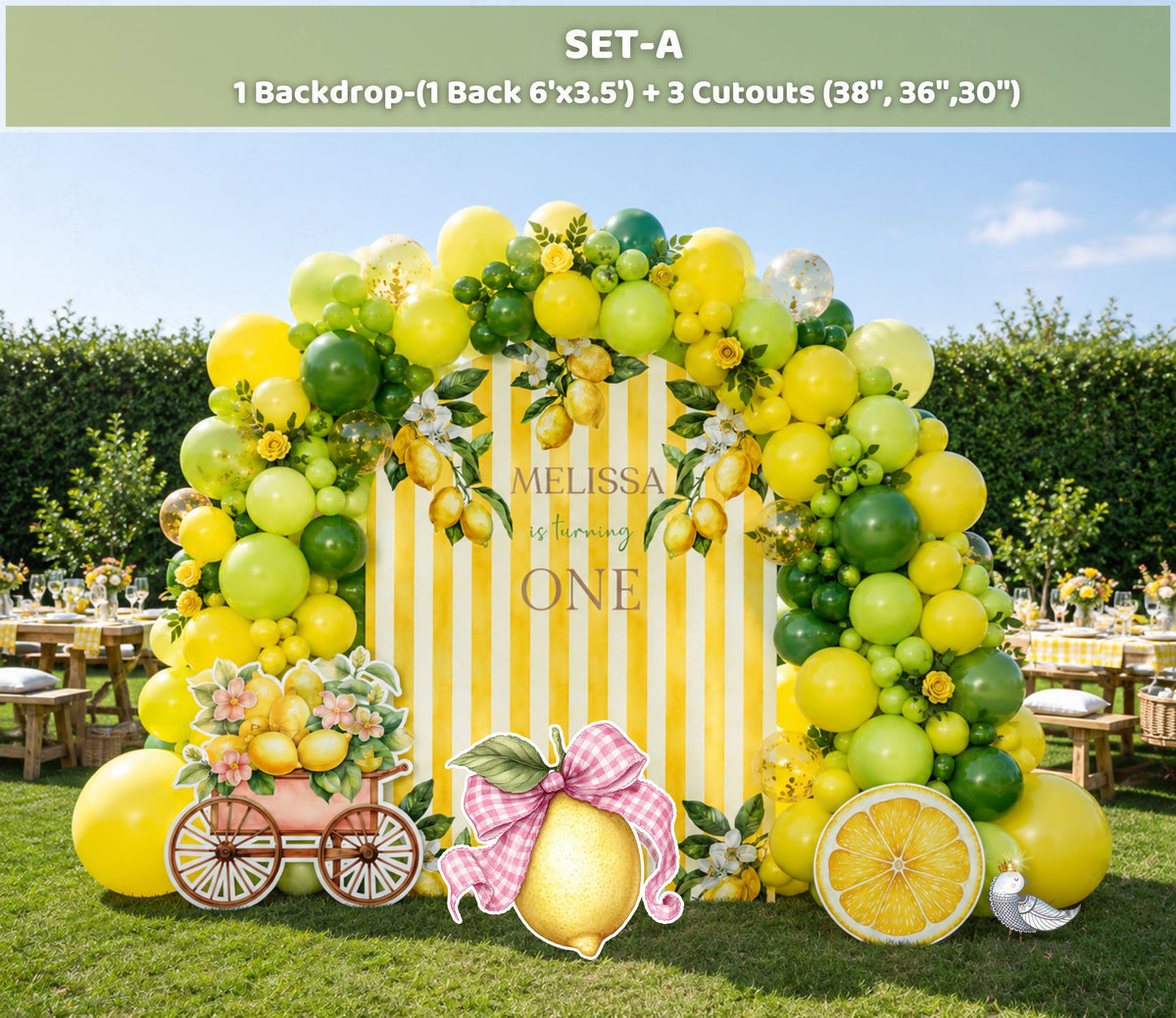 Yellow lemon birthday backdrop with bright floral balloons and citrus themed party decor