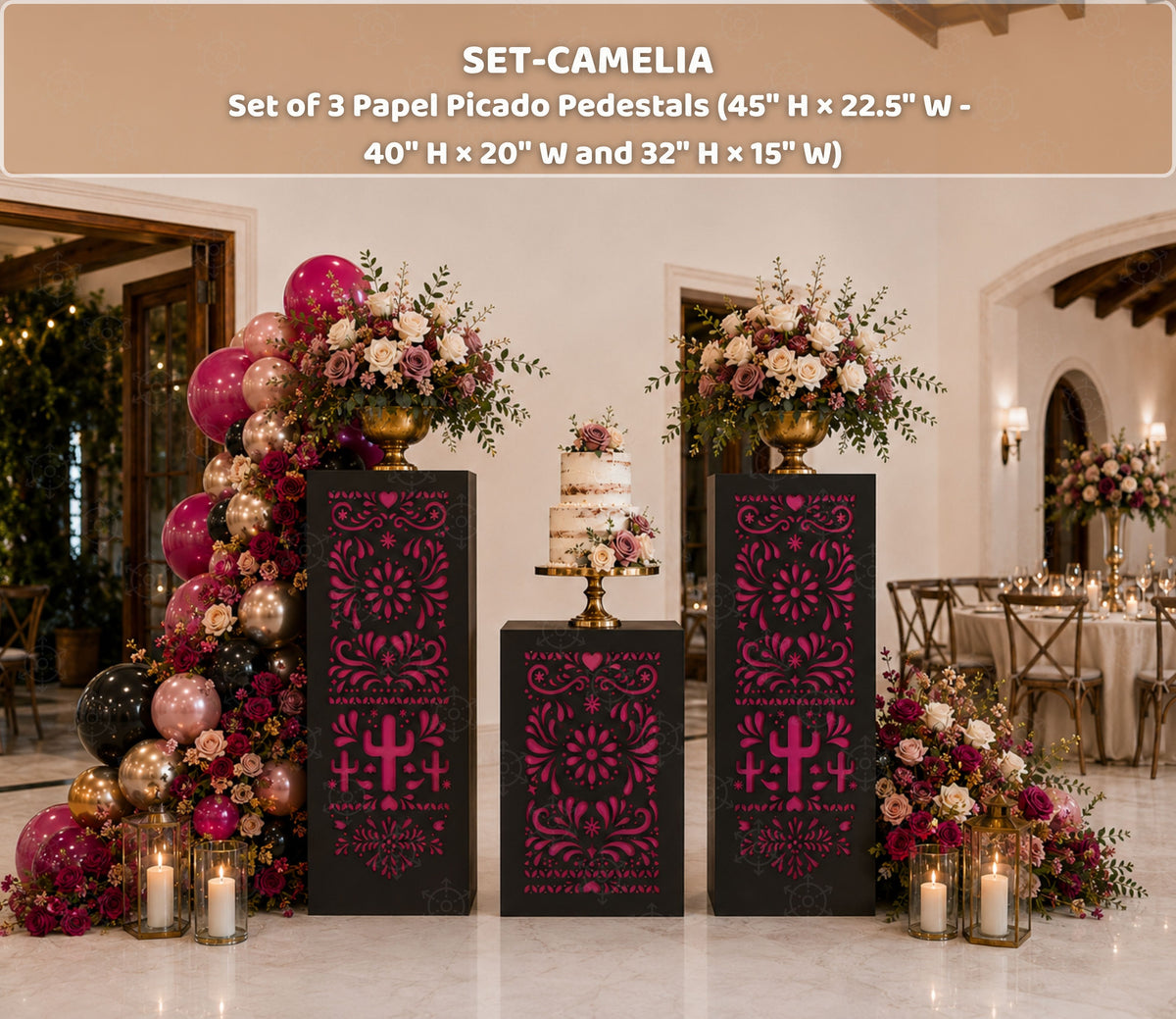 Black and burgundy Papel Picado pedestal set styled with floral decorations for an elegant event
