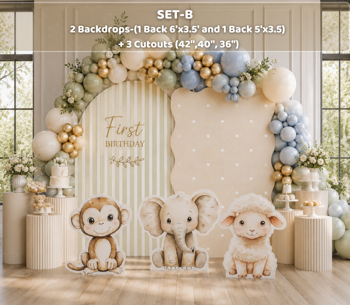 Neutral woodland animal party backdrop with soft beige panels, balloons and little animal cutouts