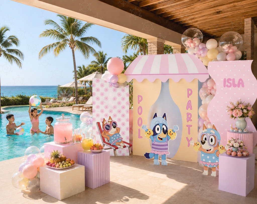 Poolside birthday display with pink and blue backdrop panels, beach-themed details and blue puppy party cutouts.