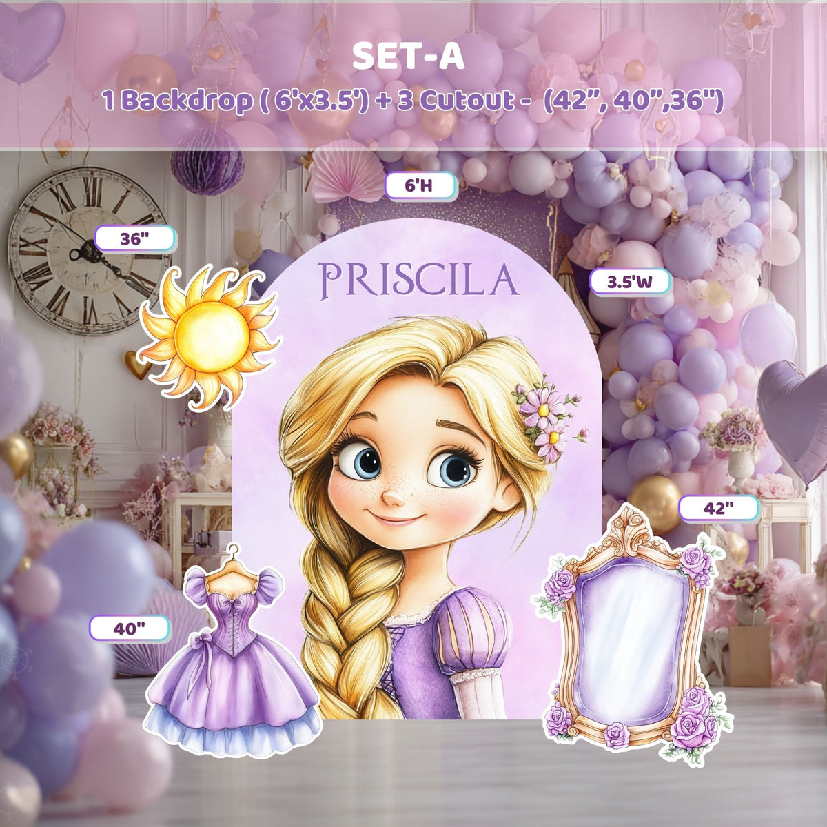 Long hair princess party decoration set with lavender and blush backdrop panels, themed cutouts and matching balloon garlands for a girls birthday.