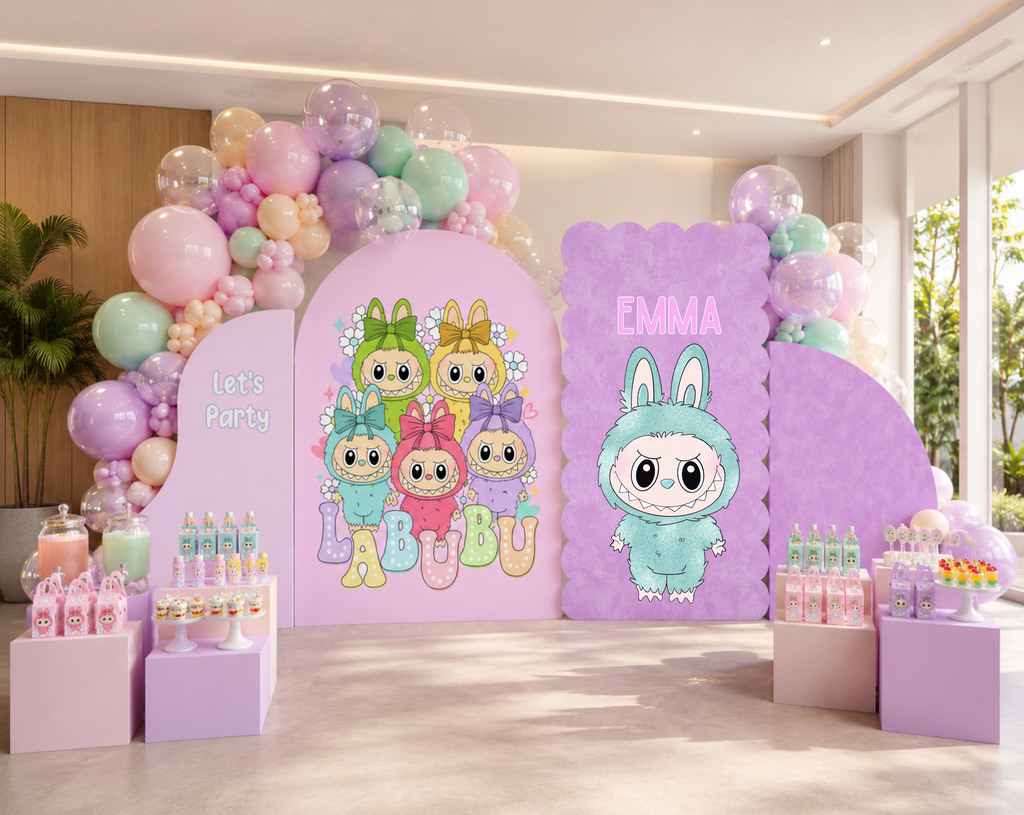 Luxury pastel monster party setup with layered arch backdrops, balloon clusters and kawaii character cutouts for a personalized birthday.