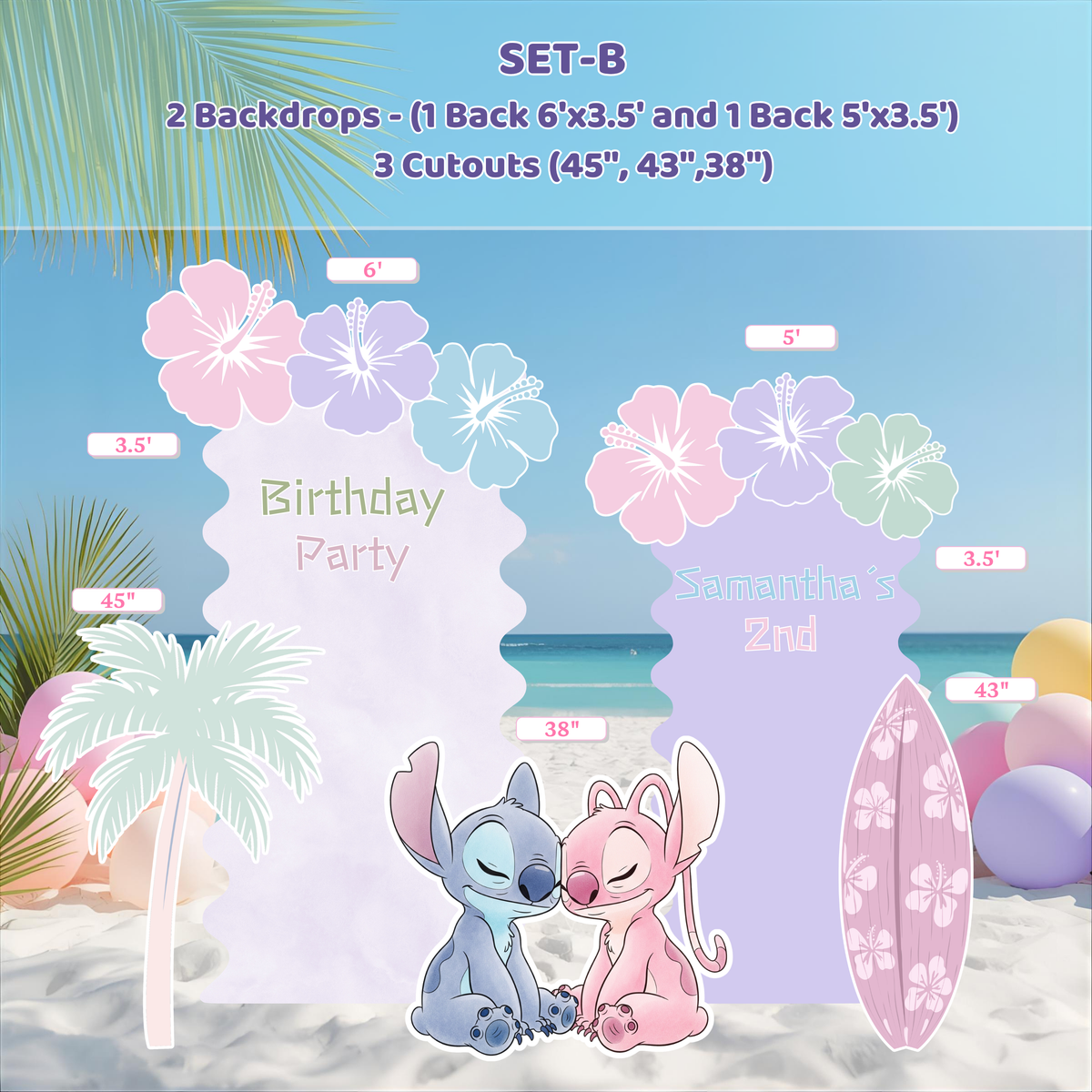 Pastel Blue Alien Beach Birthday Backdrop & Cutouts | Personalized Tropical Kids Party Decorations