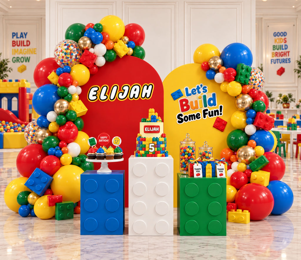 Personalized brick themed birthday setup with red yellow green and blue panels, colorful balloons and matching party decor.
