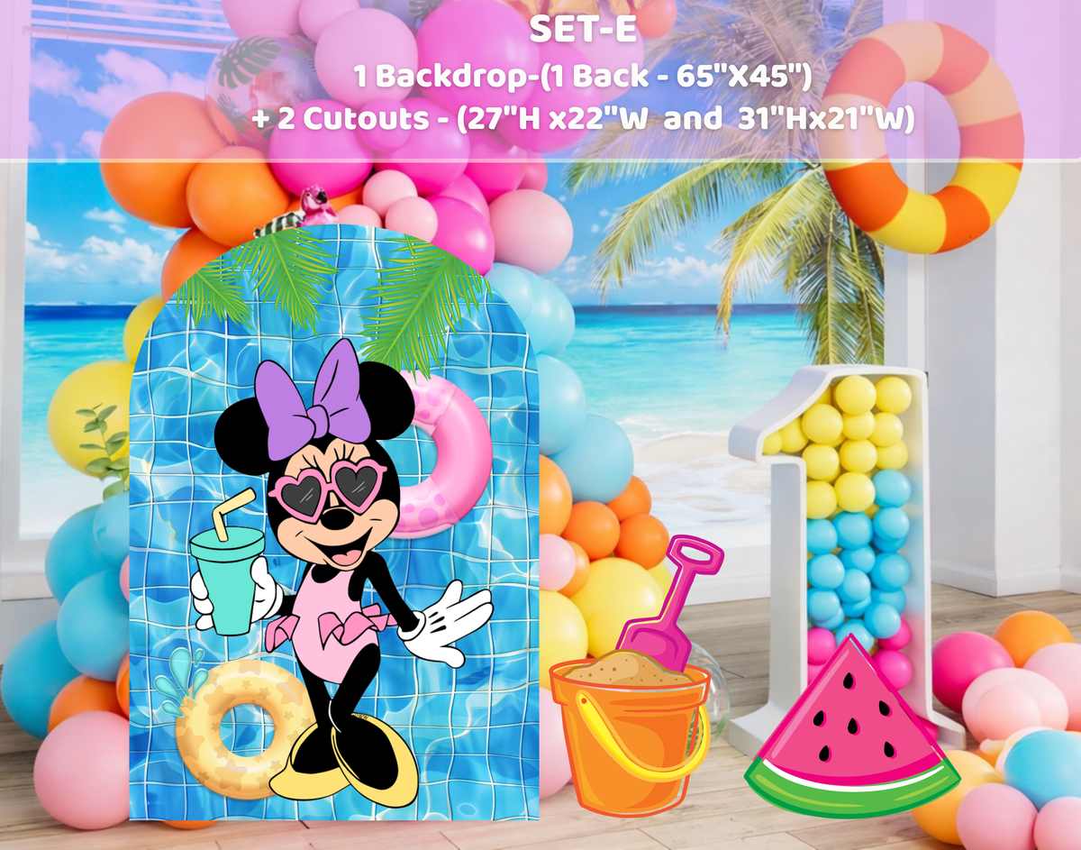 Personalized Minnie Mouse pool party setup with bright pink blue and yellow decorations, summer props and colorful birthday backdrop.
