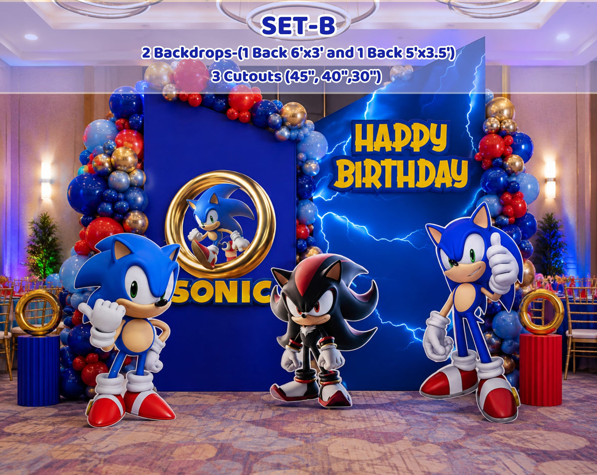 Custom Fast Blue Hedgehog Birthday Backdrop & Cutouts | Personalized Video Game Party Decorations