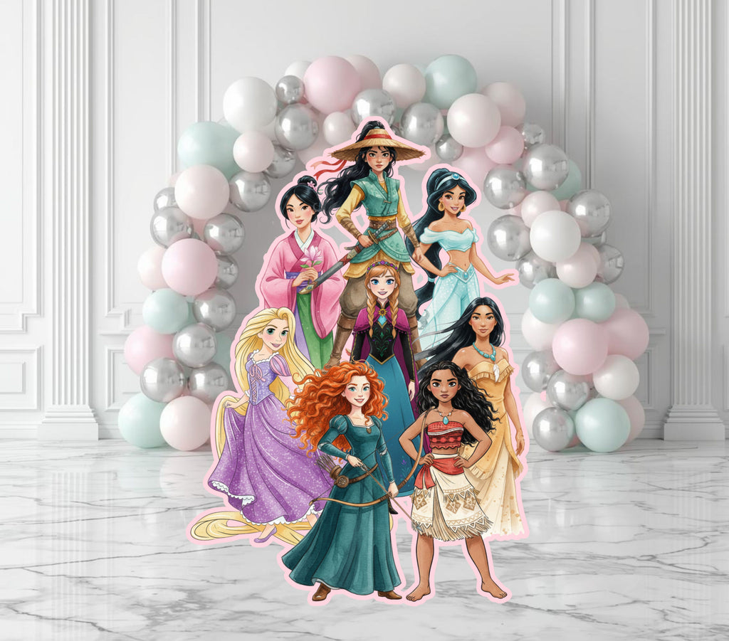 Princess party cutouts displayed in a bright white event space with soft pink blue and white balloon decorations.
