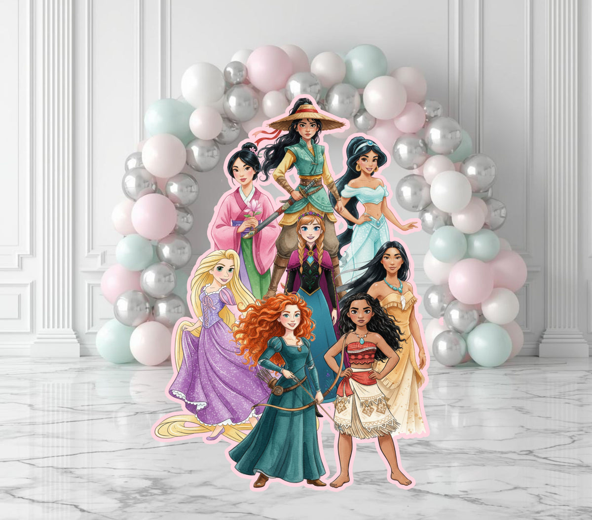Princess party cutouts displayed in a bright white event space with soft pink blue and white balloon decorations.