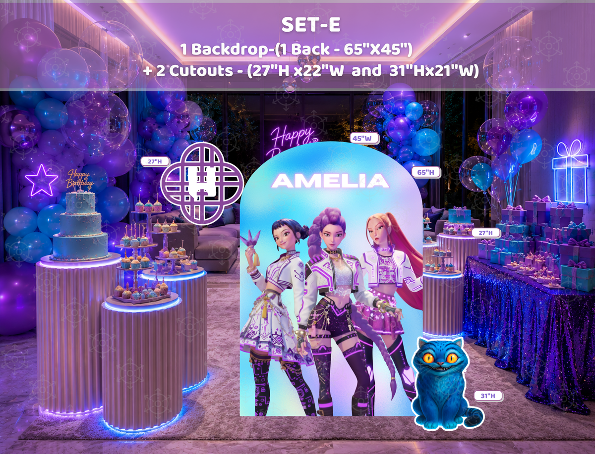 Personalized teen concert backdrop with vibrant purple and blue stage graphics, music themed party decor and performer cutouts.