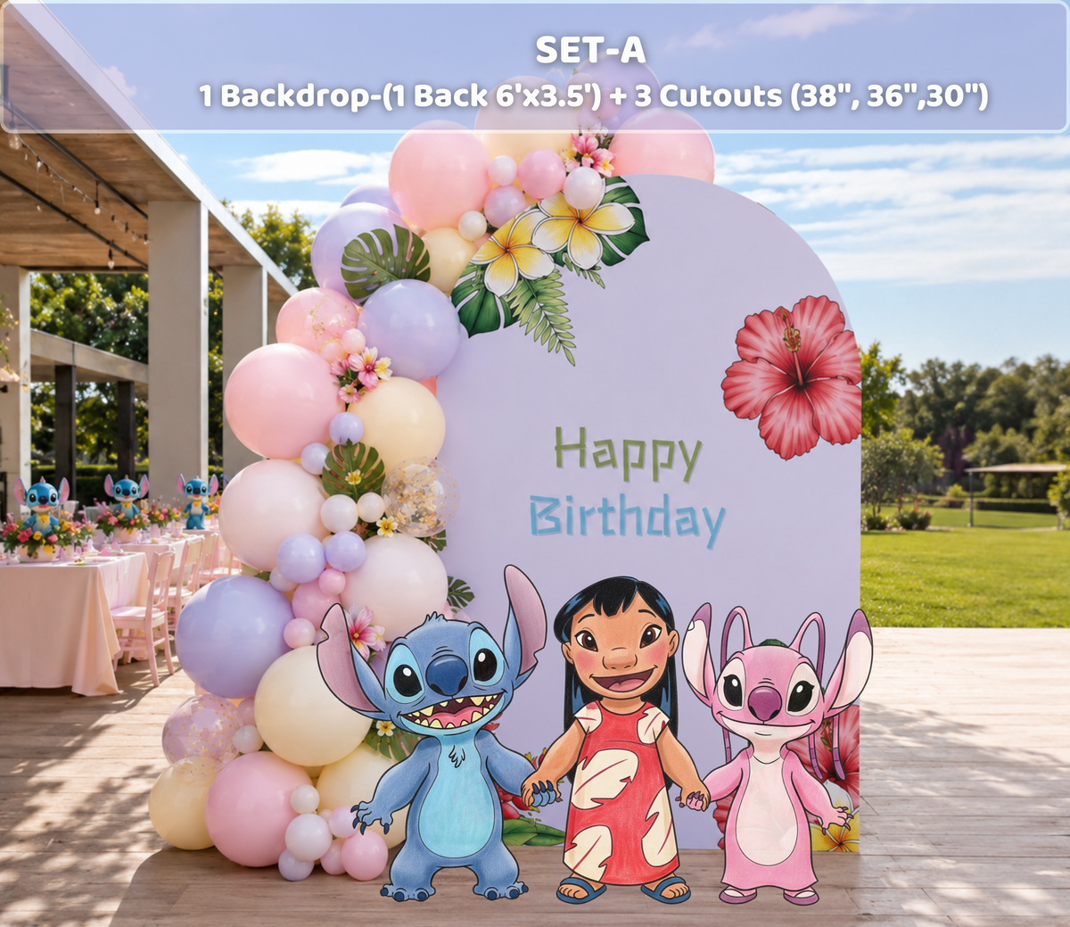 Personalized tropical birthday backdrop with pastel balloons, floral accents and Hawaiian character cutouts for a kids celebration.