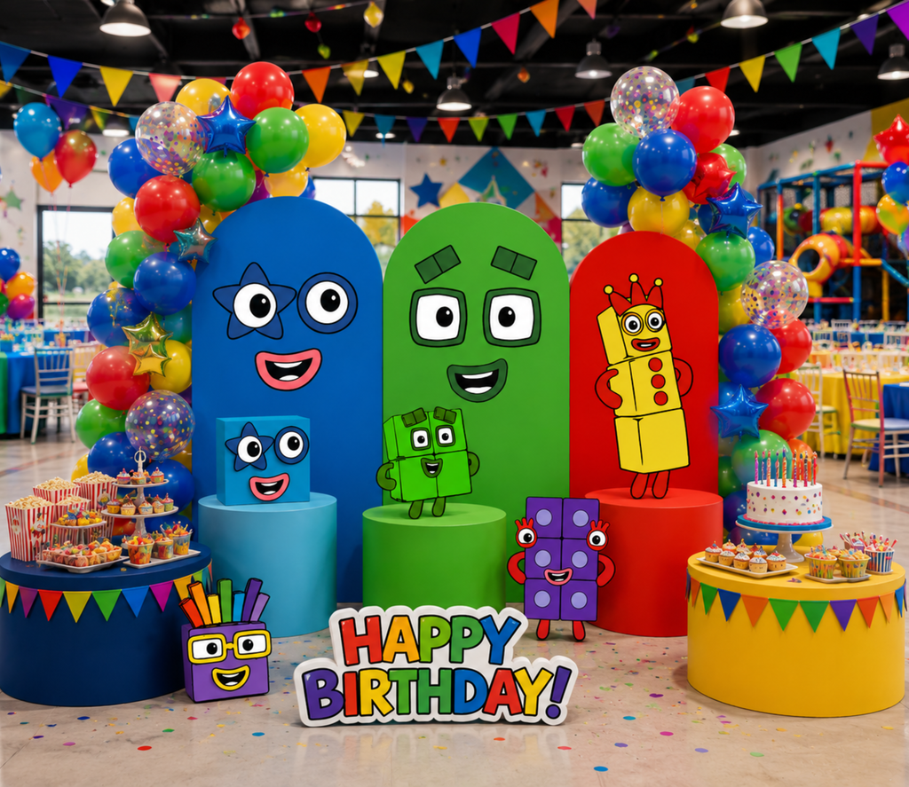 Numberblocks birthday setup with blue green and yellow character panels, rainbow balloon decor and matching party cutouts.