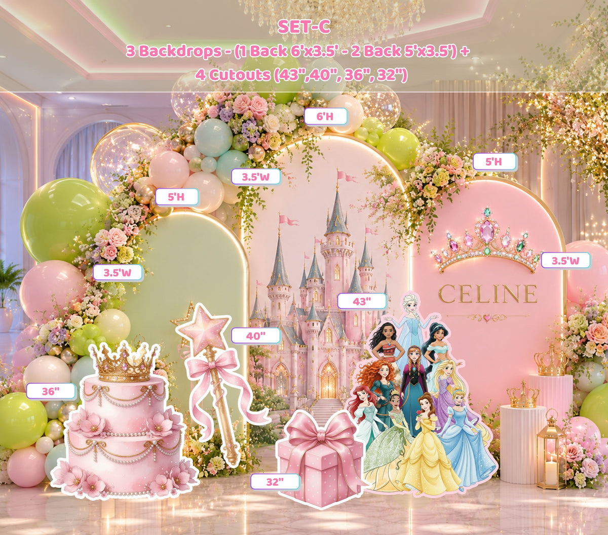 Luxury princess party decorations with layered arch backdrops, pastel balloon clusters and princess cutouts in a garden-inspired setup.