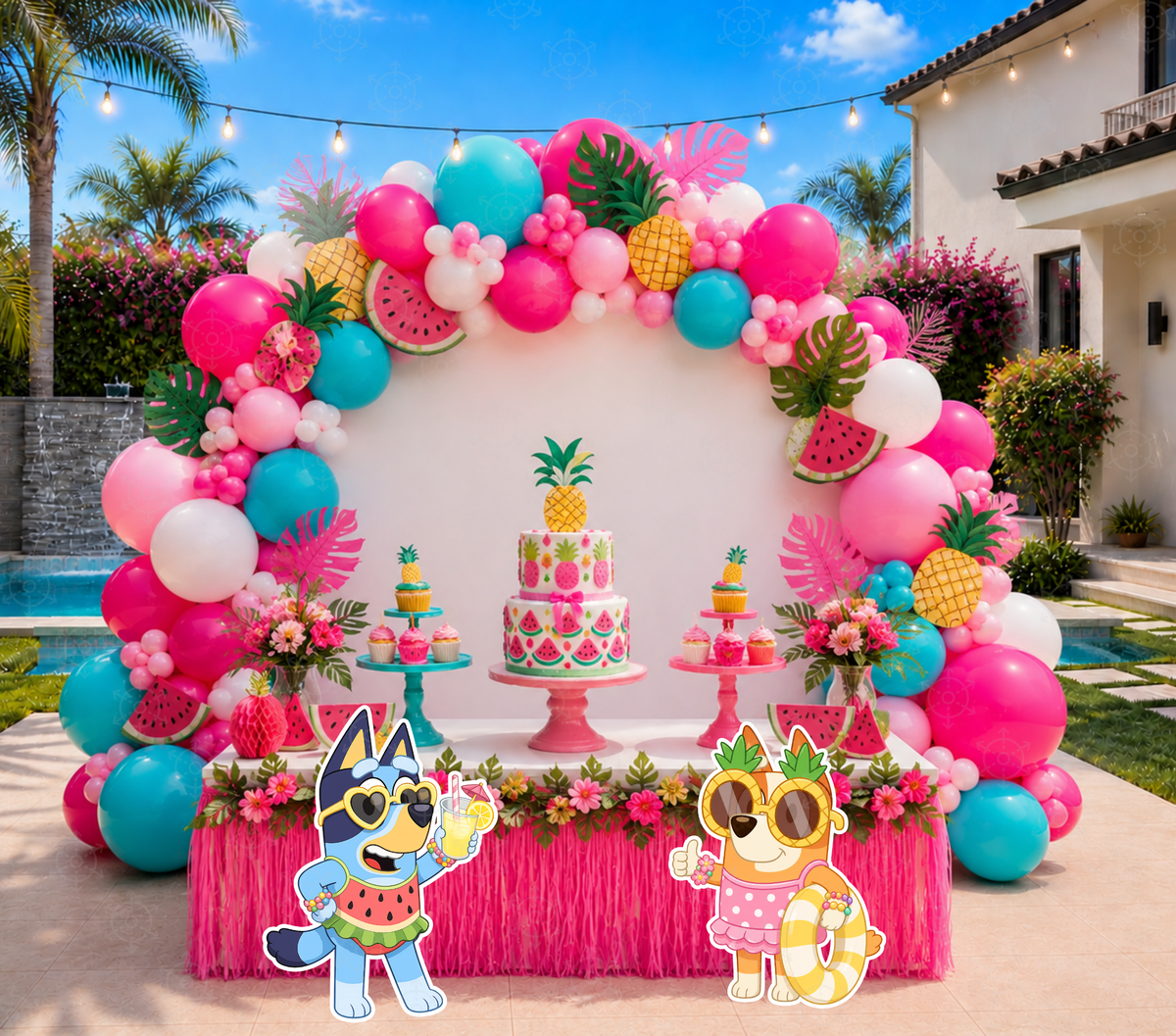 Personalized Blue Puppy Pool Party Backdrop & Cutouts | Summer Birthday Party Decorations