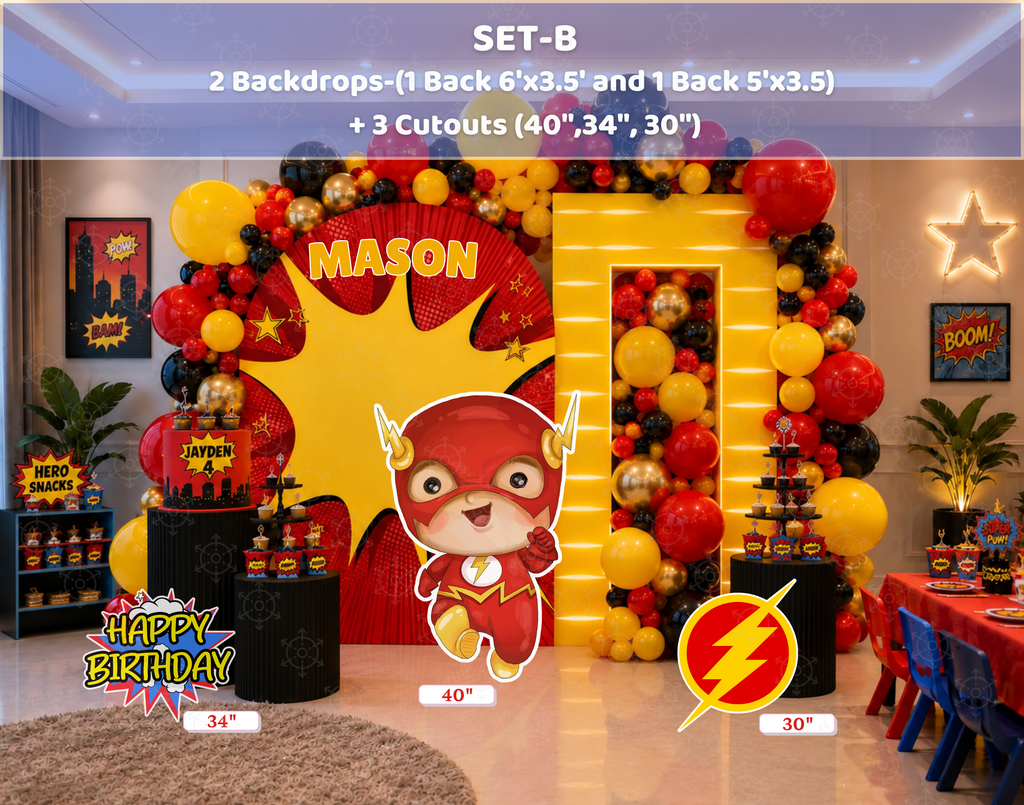 Superhero First Birthday Backdrop & Cutouts | Personalized Comic City Party Decorations