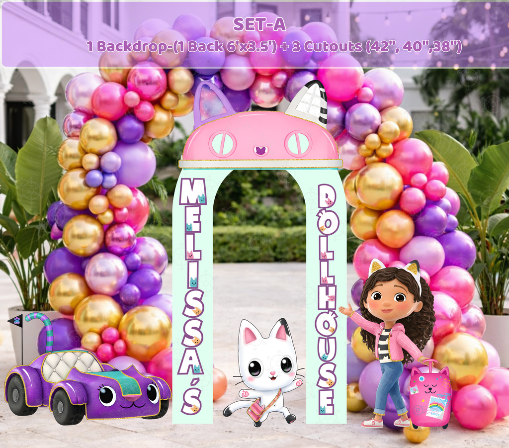 Dollhouse Birthday Backdrop & Character Cutouts | Personalized Kids Party Decorations