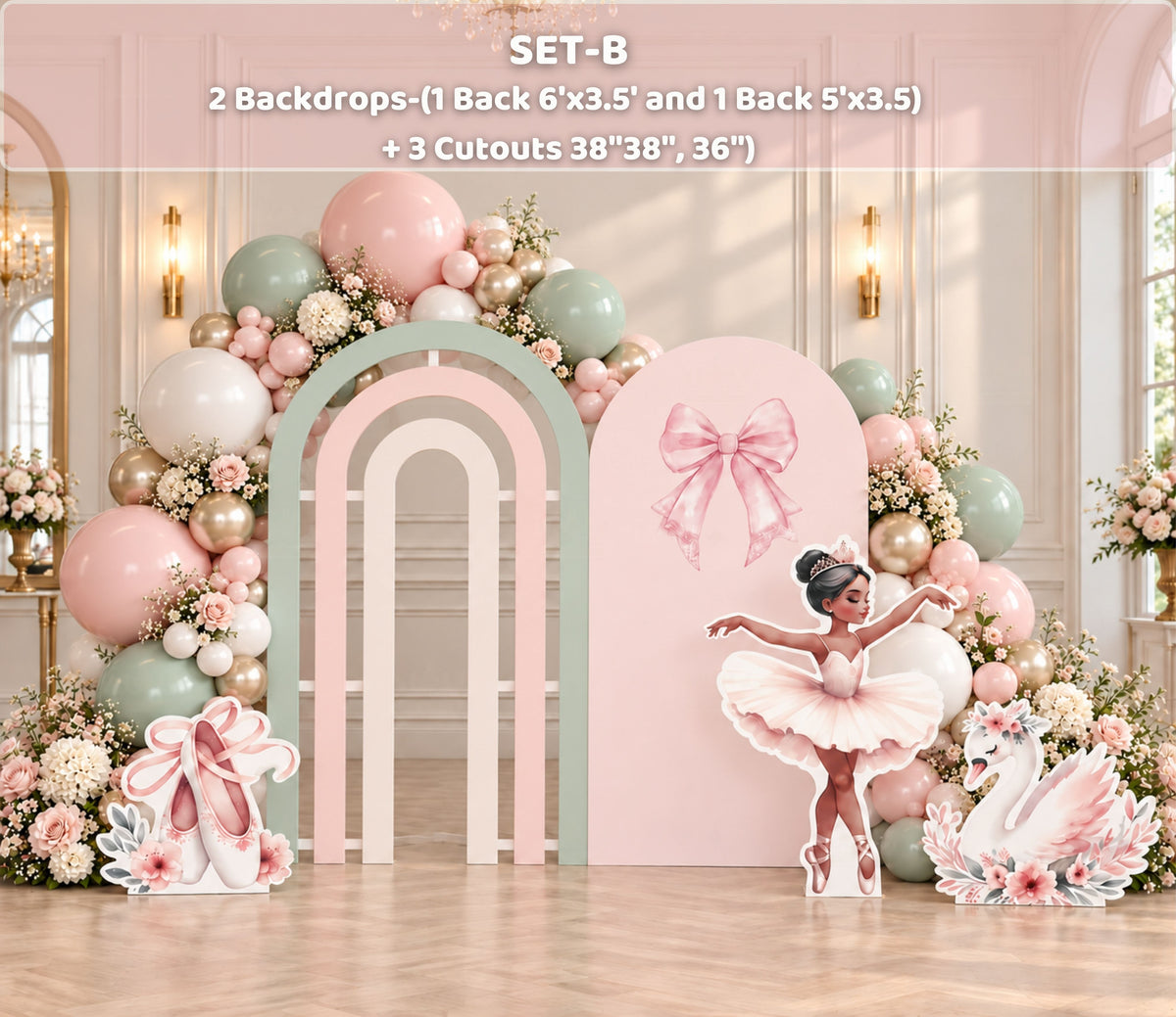 Elegant ballerina birthday backdrop with blush pink arches, floral accents and personalized ballet themed decor.