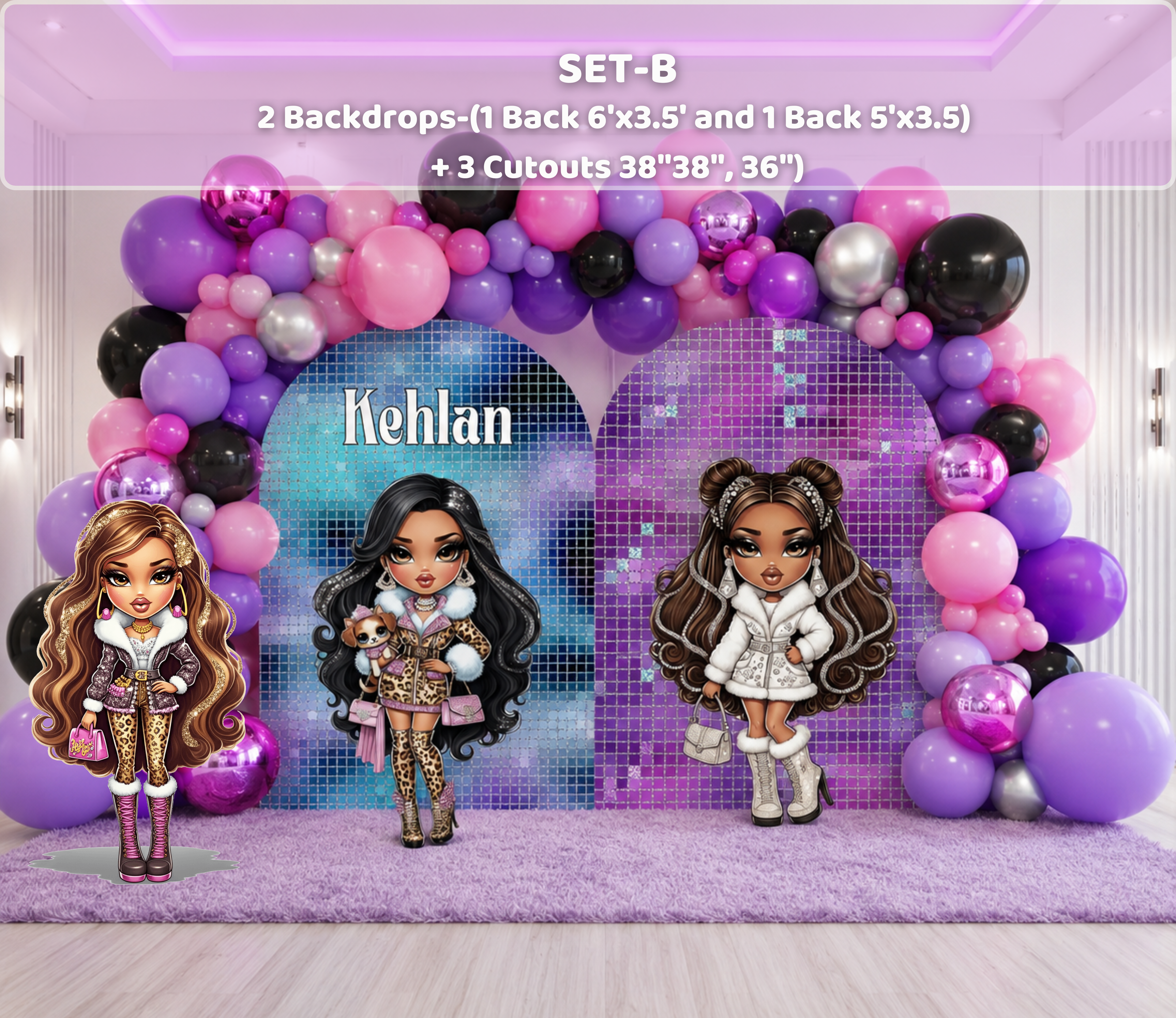 Custom Glam Fashion Doll Birthday Backdrop & Cutouts | Personalized Girly Party Decorations