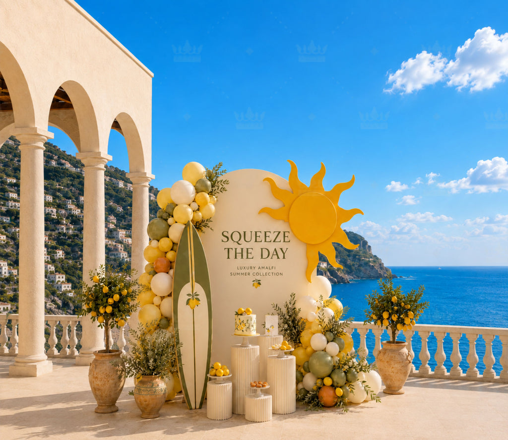 Personalized tropical sun birthday backdrop with luxury summer party decorations and ocean view