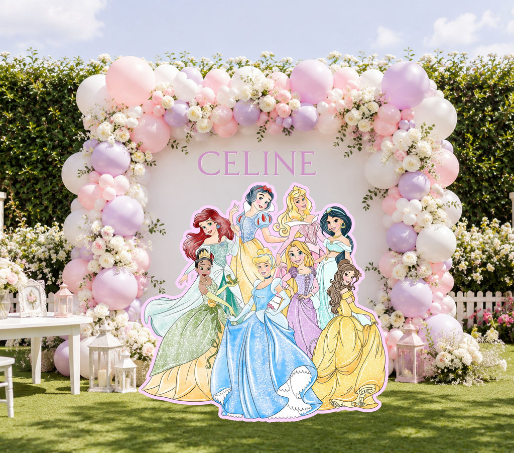 Princess character cutout options sheet showing large printed princess cutouts for matching birthday party decorations.