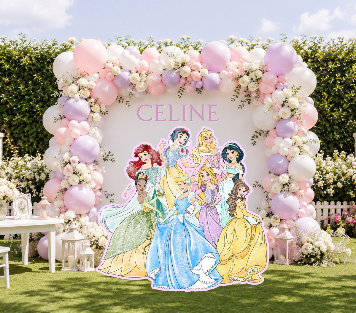Princess character cutout options sheet showing large printed princess cutouts for matching birthday party decorations.