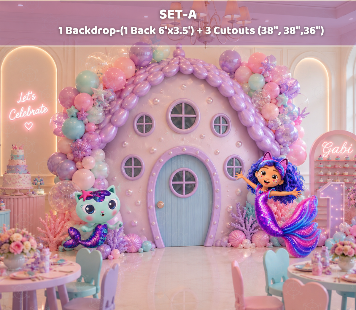 Pastel Gabby's Dollhouse mermaid party backdrop with whimsical house panel and colorful ocean decorations