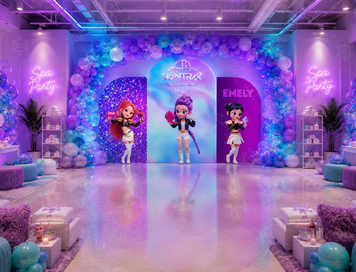 Indoor chibi teen idol birthday display with purple concert set design, dramatic lighting and standee cutouts.