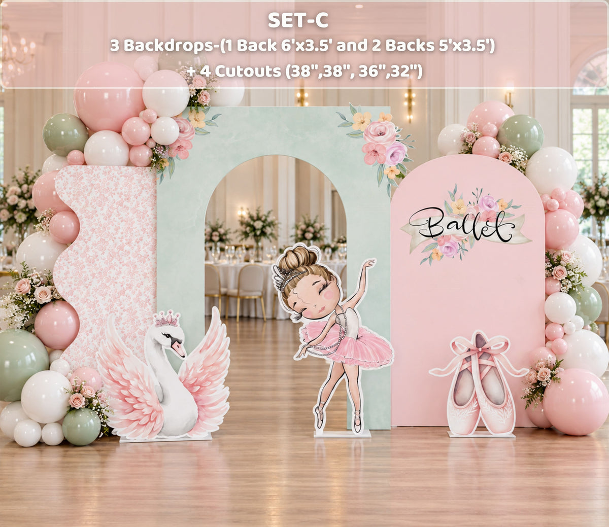 Pink ballerina party backdrop with rounded arch panels, floral balloon garland and custom birthday styling.