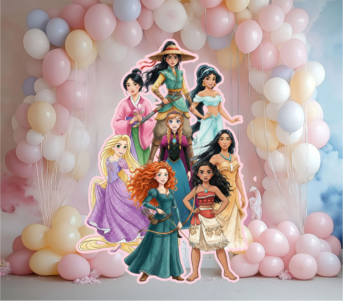Princess birthday character cutouts styled with pastel peach pink and lavender balloons for an elegant indoor party setup.