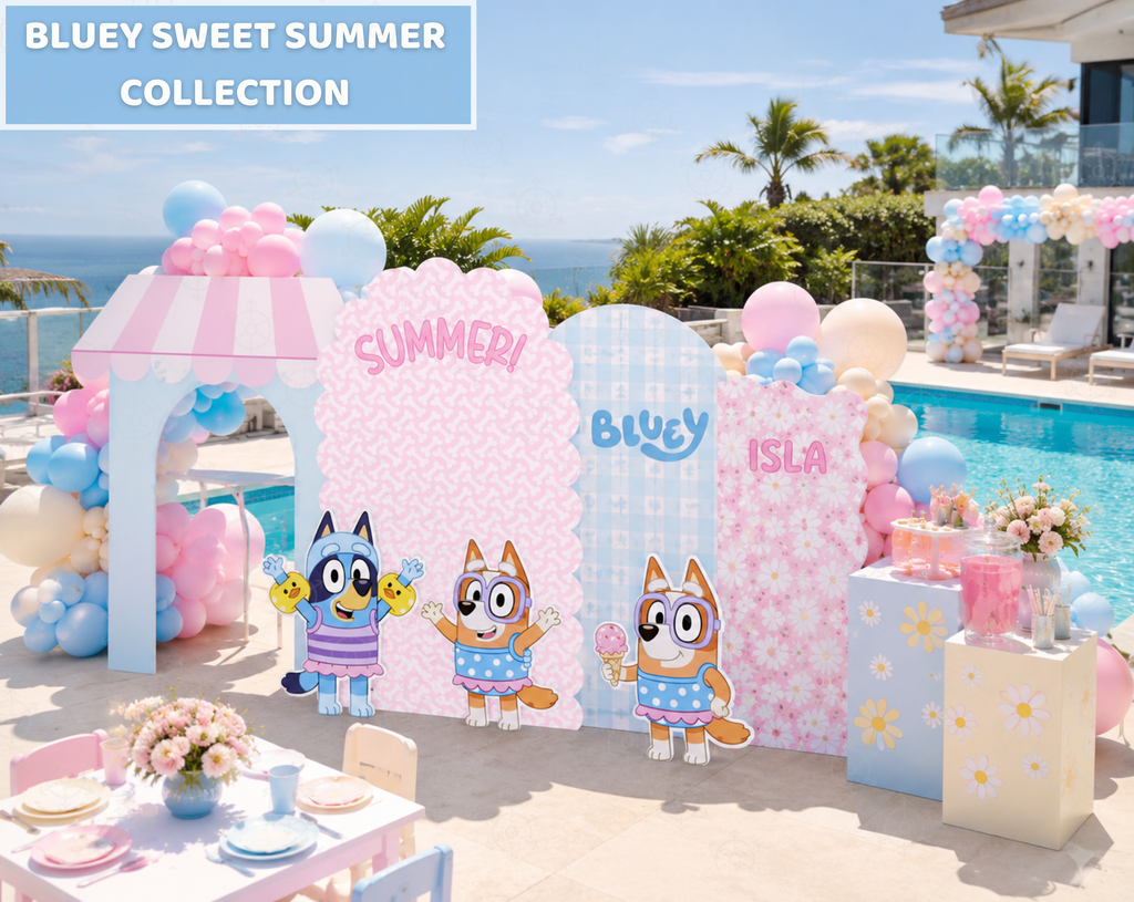 Blue puppy pool party backdrop with pastel pink and blue arch panels, beach ball details, character cutouts and summer birthday decor by a pool.
