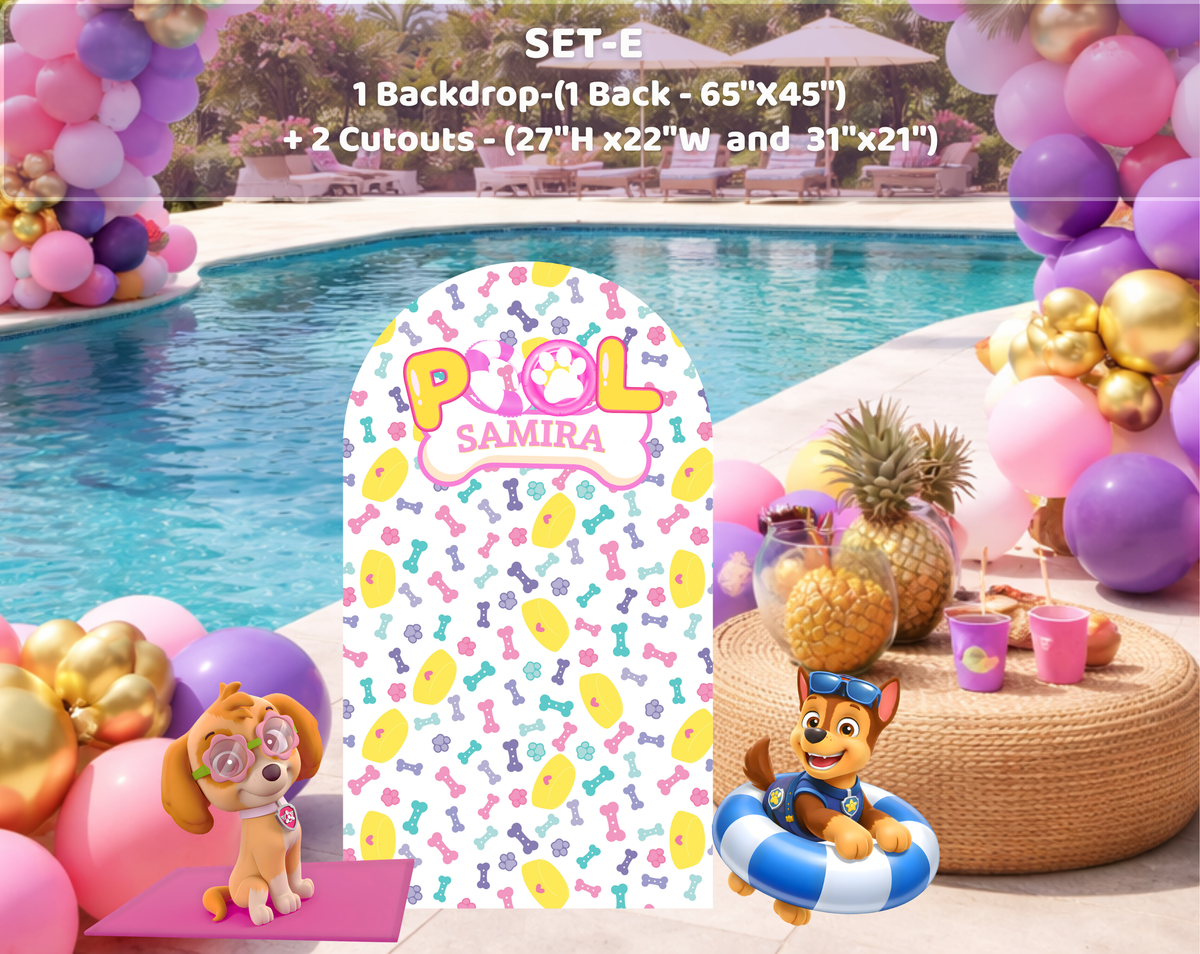 Poolside puppy birthday backdrop with pastel arches, built-in shelves, party favors and bright summer celebration decor.