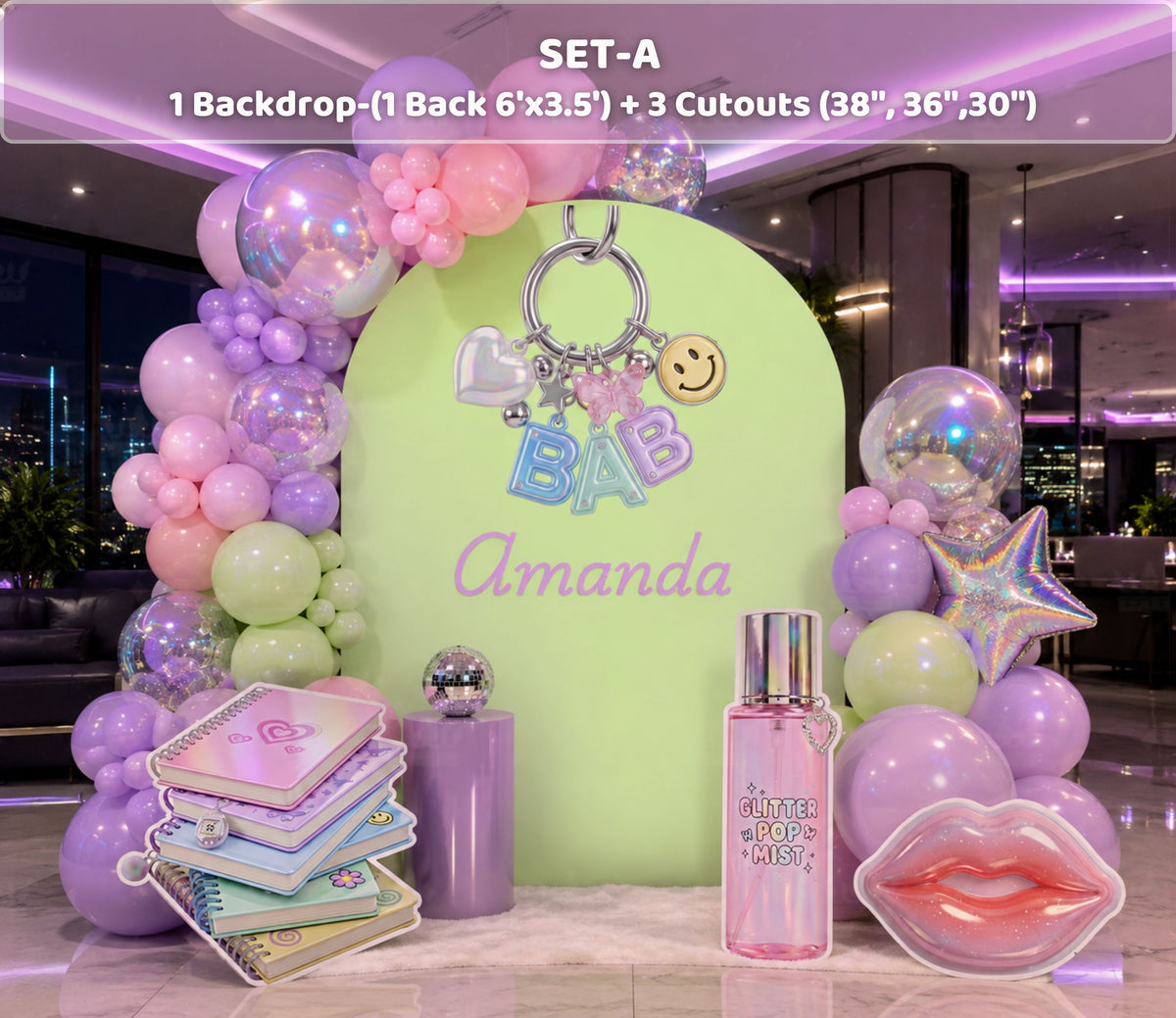 Purple and lime teen birthday backdrop with pastel balloons, personalized party message and trendy girly celebration decorations.