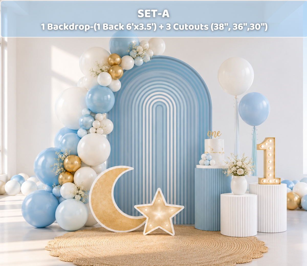 Blue Heaven Sent baby shower backdrop with crescent moon and star cutouts, cloud details and elegant celestial party styling.