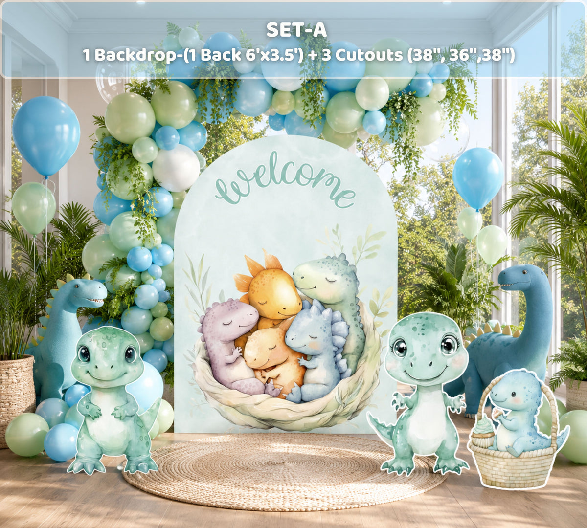 Cute green dinosaur birthday backdrop with layered arch panels, pastel balloons and baby dino cutouts for a personalized party setup.