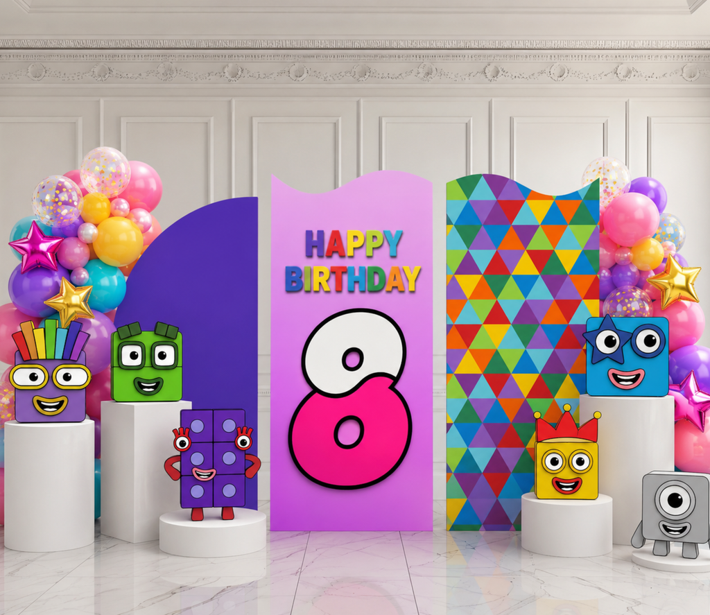 Colorful Numberblocks birthday backdrop set with character cutouts, rainbow party decor and personalized kids celebration styling.