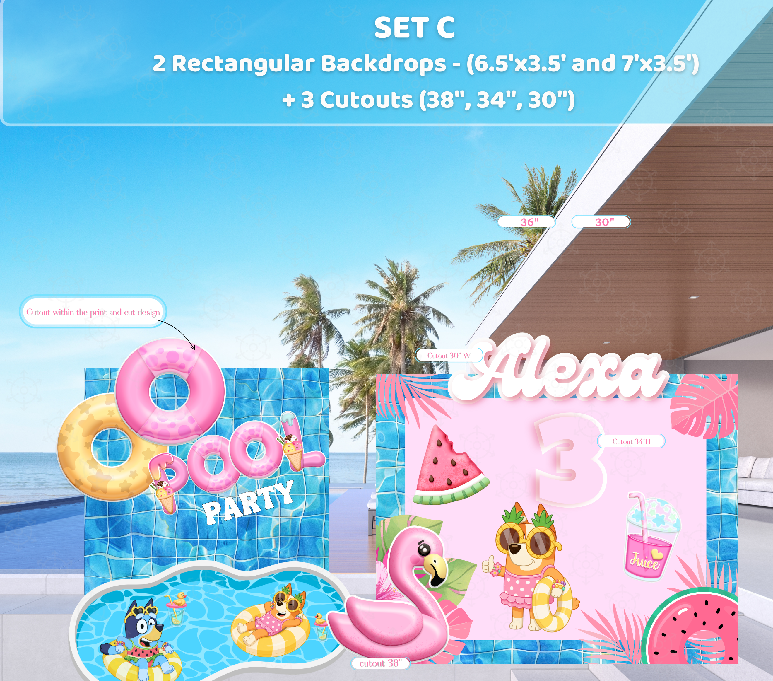 Personalized Blue Puppy Pool Party Backdrop & Cutouts | Summer Birthday Party Decorations