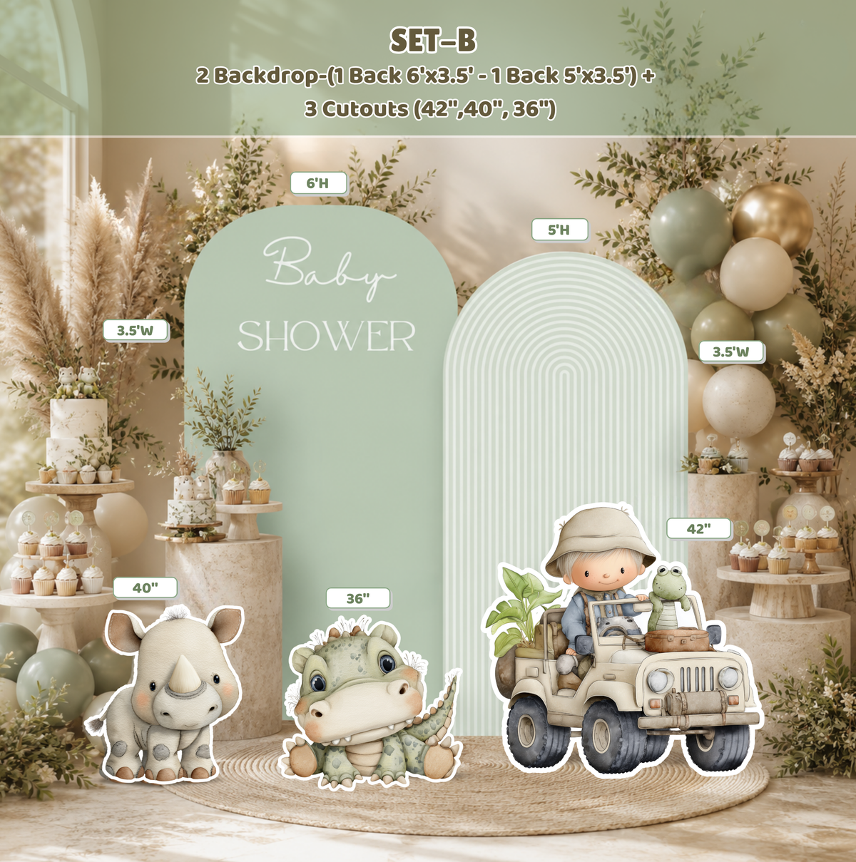 Safari birthday backdrop set with mint green layered arches, cute animal cutouts and balloon decor for a modern jungle-themed kids party.
