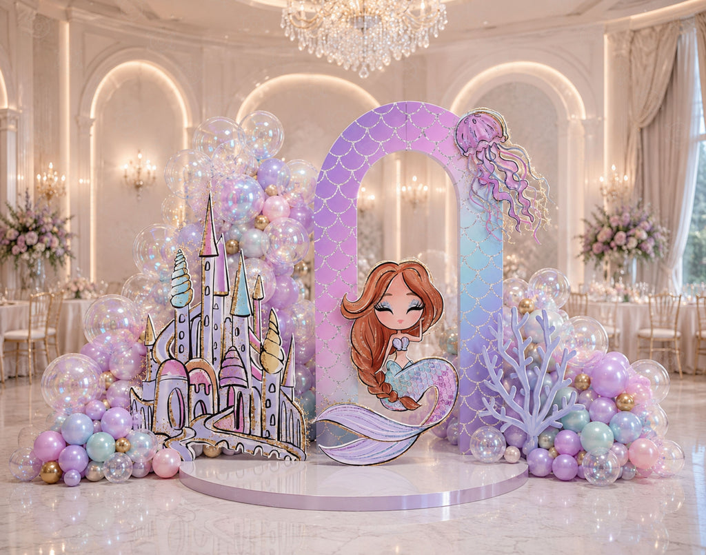 Elegant mermaid party backdrop with purple illuminated arches, pastel balloons and seashell inspired birthday decorations.