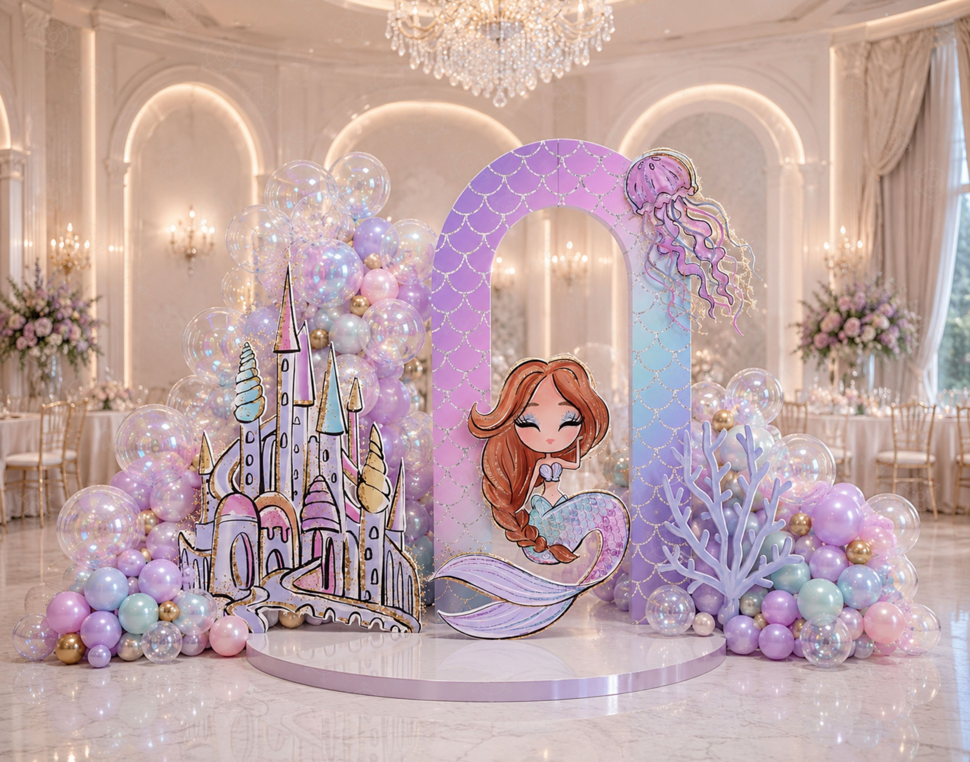 Elegant mermaid party backdrop with purple illuminated arches, pastel balloons and seashell inspired birthday decorations.