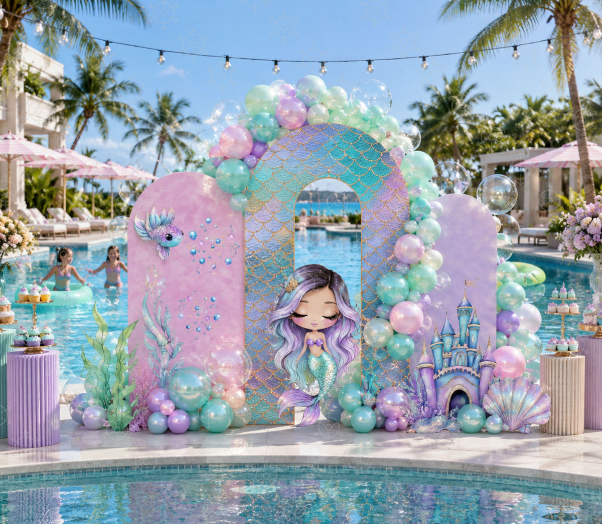 Pastel mermaid birthday decoration set with personalized backdrop and coordinating ocean princess cutouts