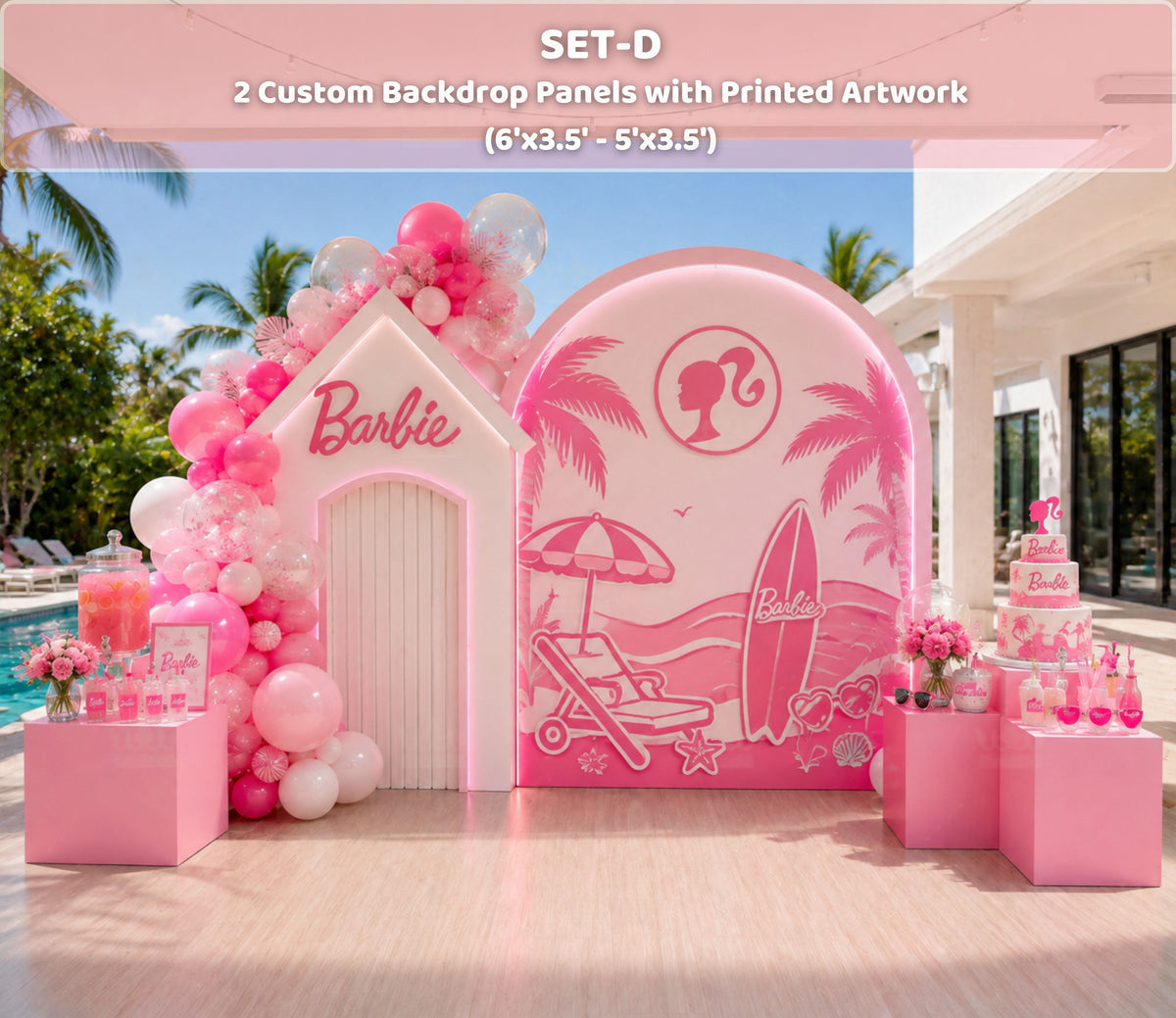 Pink poolside birthday backdrop set with tropical cutouts and personalized summer party decor