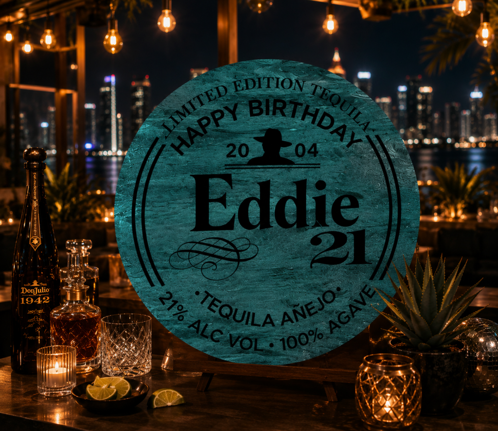 Teal personalized tequila bar sign with custom birthday name, agave accents and warm string lights for an outdoor celebration.