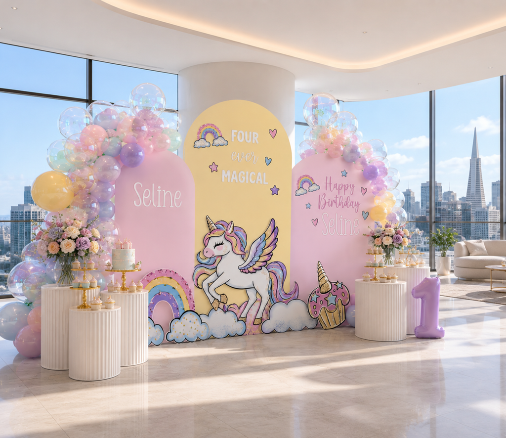 Colorful unicorn party setup with yellow pink and lavender backdrop panels, rainbow accents and pastel birthday decorations.