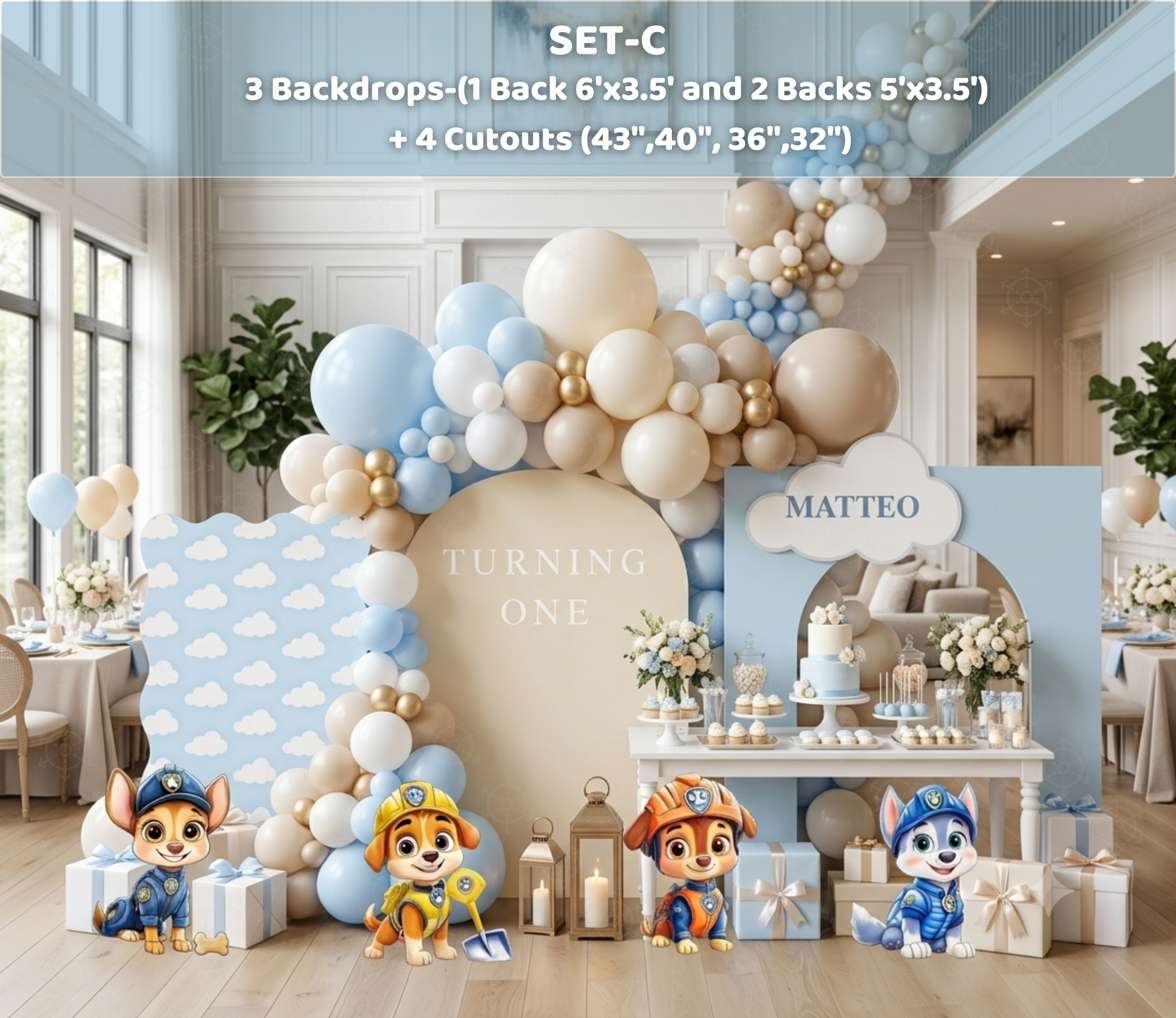 Neutral puppy rescue birthday backdrop with character cutouts and beige balloon decorations