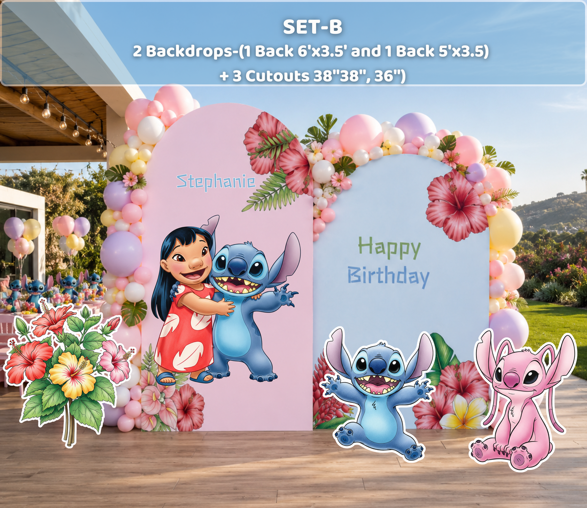 Pastel tropical birthday backdrop with Hawaiian character cutouts, floral decorations and personalized party styling for a kids celebration.