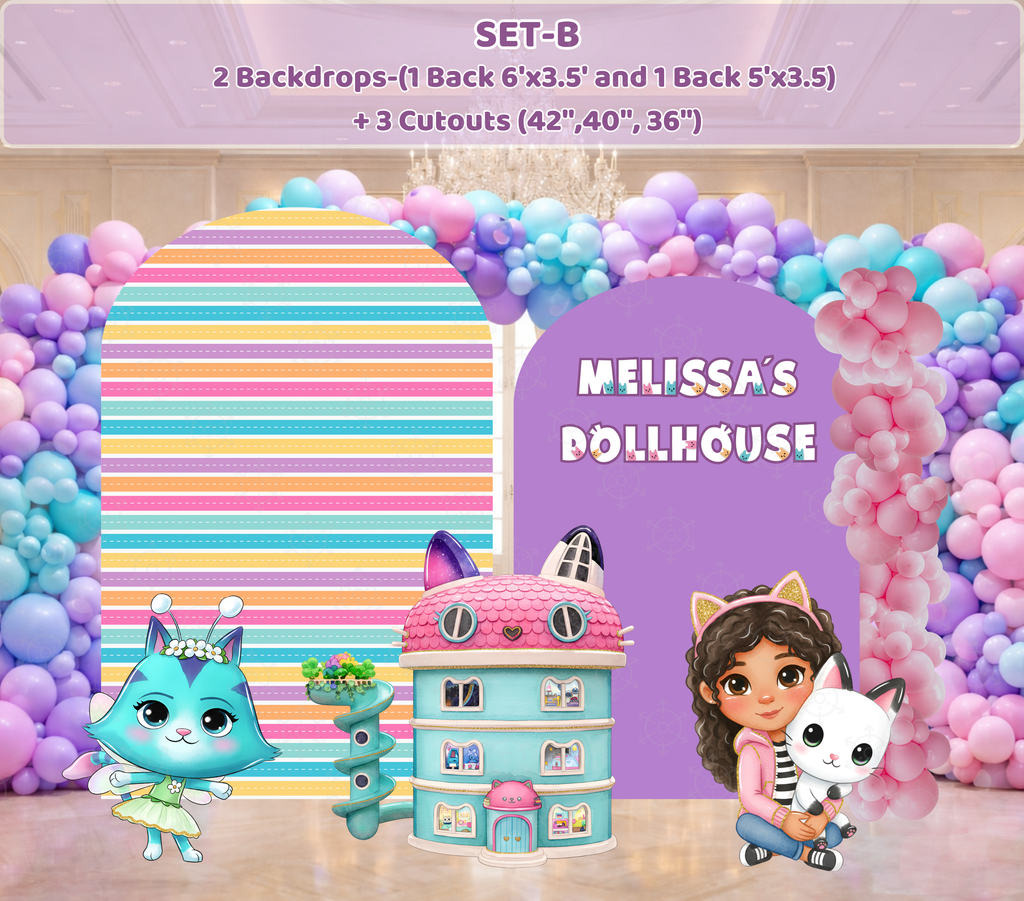 Dollhouse Birthday Backdrop & Character Cutouts | Personalized Kids Party Decorations