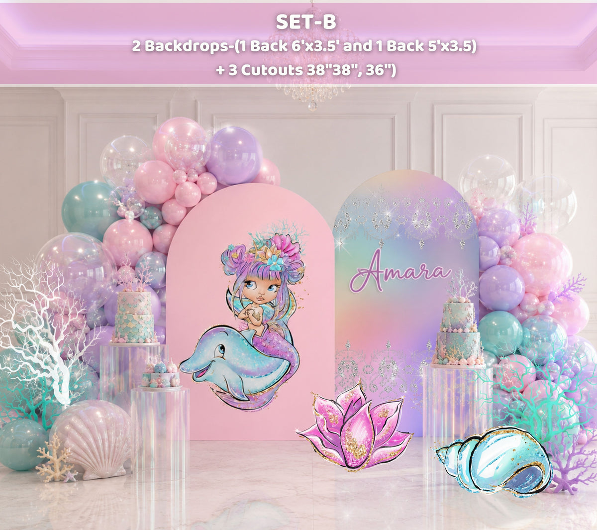 Pastel little mermaid birthday backdrop with personalized rainbow panel and character cutout