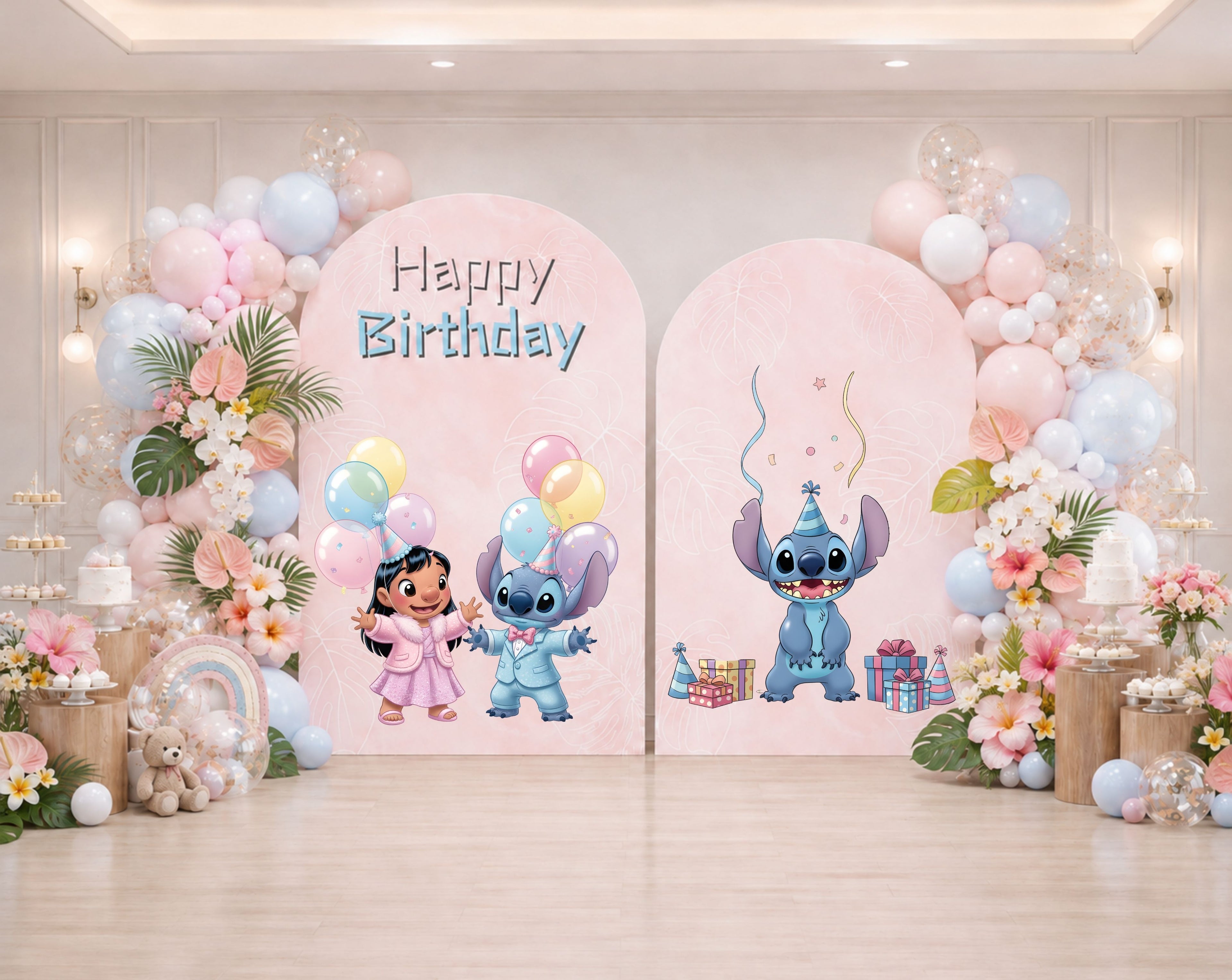Outdoor kawaii blue alien party backdrop with pastel purple and yellow panels, balloon garland and character cutouts for a personalized birthday.