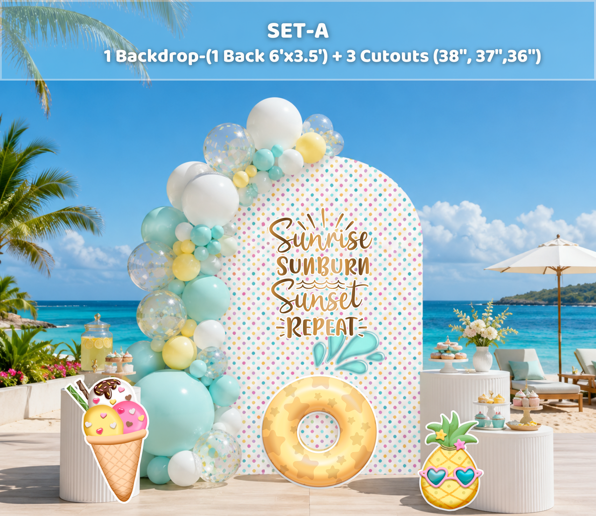 Blue summer pool party backdrop with white floral balloon accents, beach inspired decorations and personalized birthday signage.